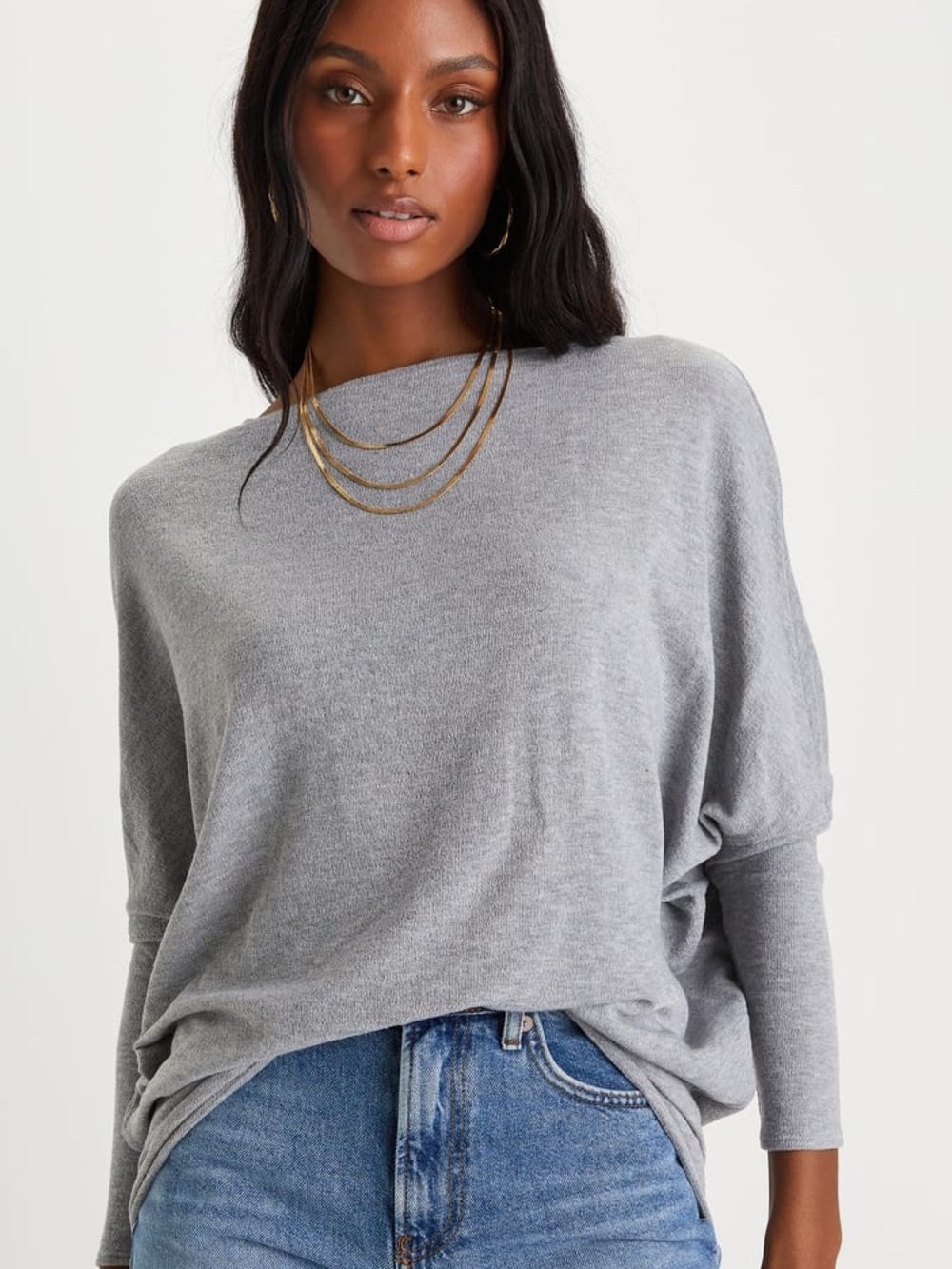 Verla Heather Grey Dolman Sleeve Sweater Top